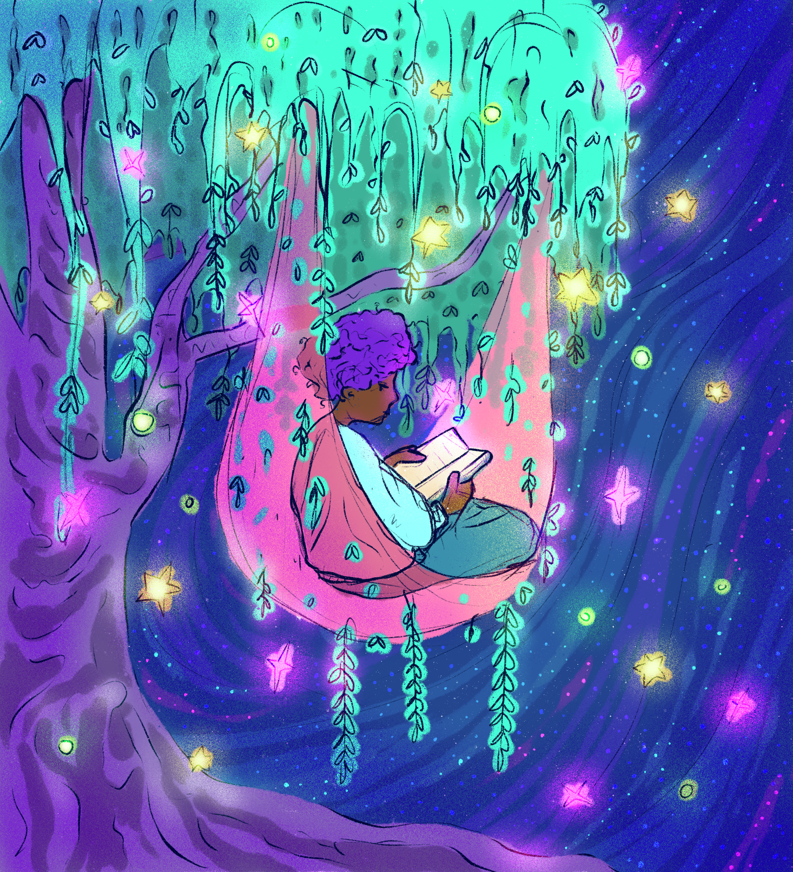Image 7, Raphiel, a purple afro-haired boy, sits in his pink hammock reading beneath the weeping willow tree. The world around him has transformed into a swirling night sky filled with colorful stars that begin to dance around him.